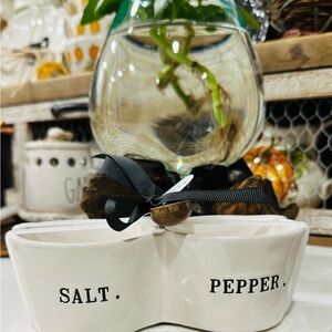 Rae Dunn White Salt and Pepper Ceramic cellar with wood spoon
